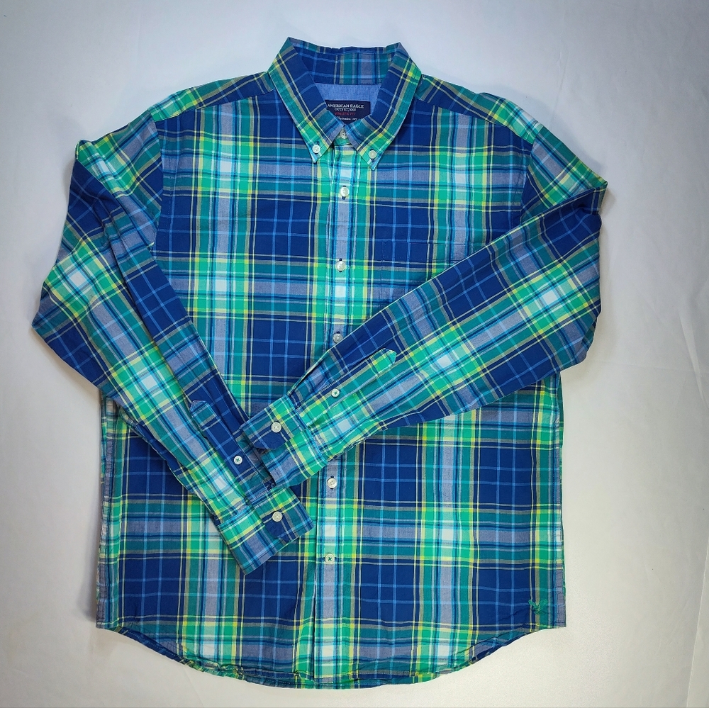 American Eagle Outfitters Blue/Green Plaid Men's Long Sleeve Shirt Size Large